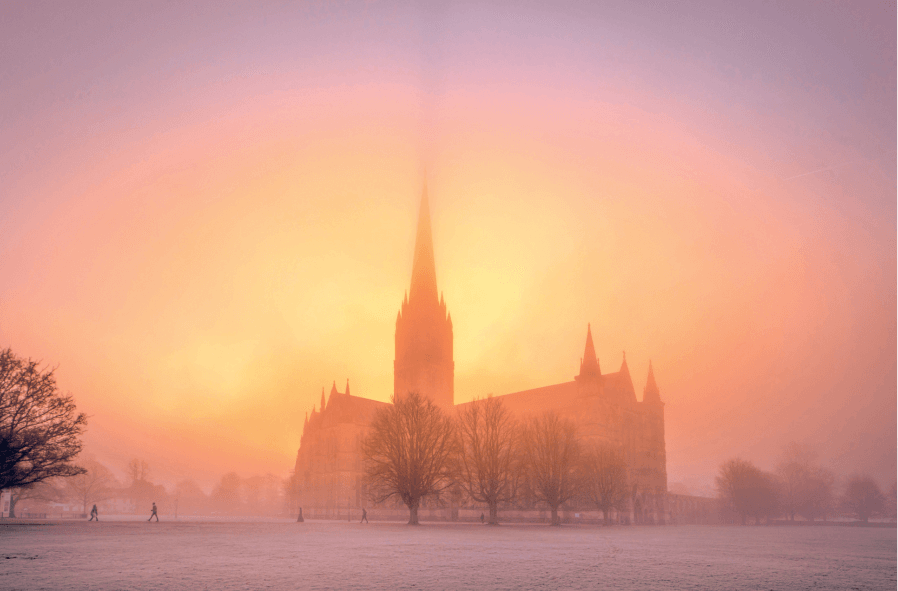 Salisbury Cathedral In Morning Mist
