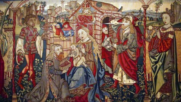 Medieval tapestry nativity scene